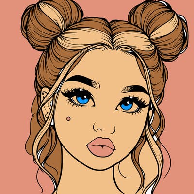 realistic girl with two buns on her hair and lips