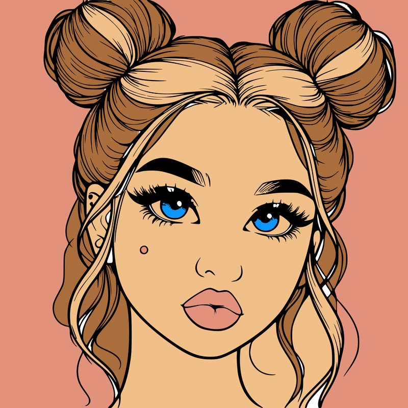 realistic girl with two buns on her hair and lips