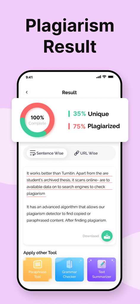 Plagiarism Checker -Prepostseo - Detailed plagiarism result screen in the Prepostseo app showing unique and plagiarized text analysis.