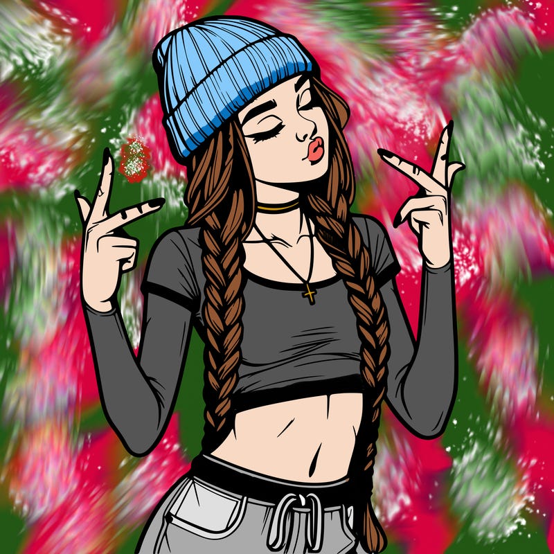 realistic teenage girl with braids and a beanie and crop top doing 🫶🏼