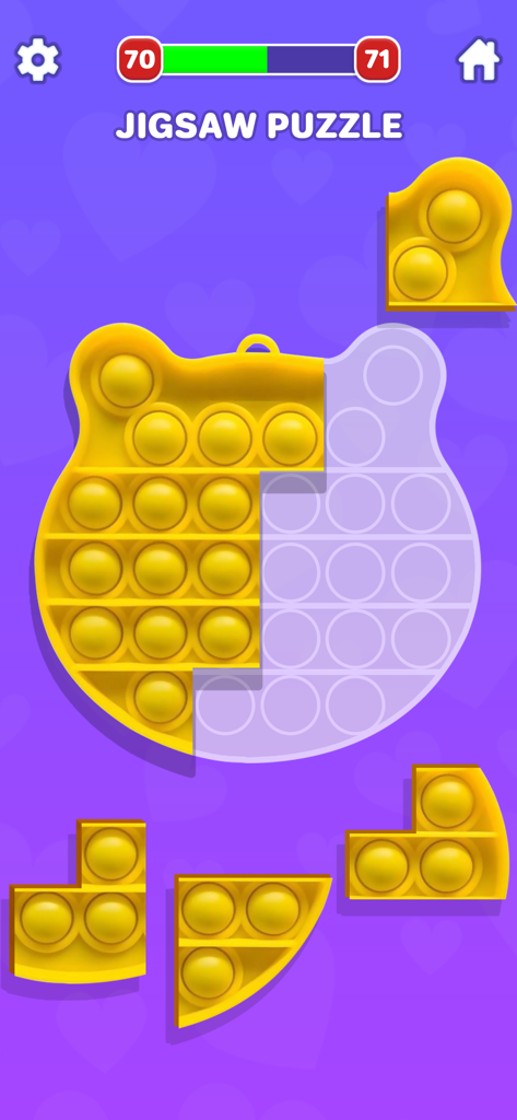 A jigsaw puzzle level in the Pop It Fidget Toy 3D app showing a yellow bear-shaped pop-it being assembled on a purple background.