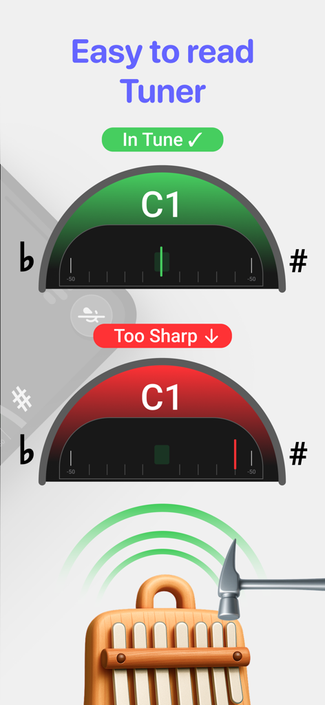 Easy to read visual tuner interface showing in tune and too sharp status for a kalimba note