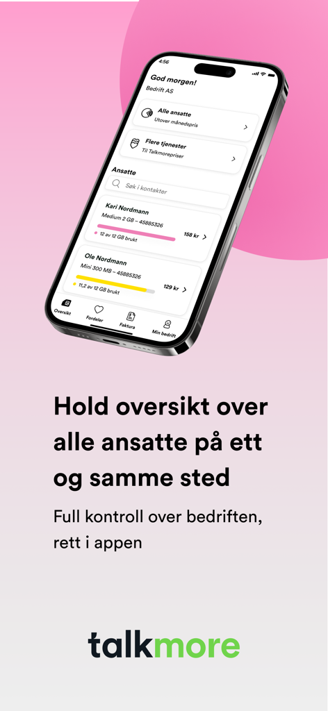 Smartphone-Bildschirm, der die Benutzeroberfläche der Talkmore Business App zur Verwaltung der mobilen Datennutzung von Mitarbeitern anzeigt.