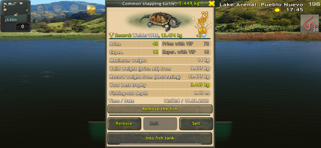 Fishing: World of Fishers - Gameplay screenshot showing stats and details for a Common snapping turtle caught in Fishing World of Fishers.