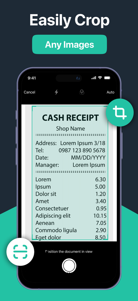 Document Scanner App. - Smartphone screen showing a receipt being cropped in the Document Scanner App