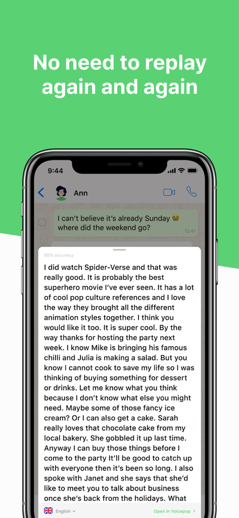 Voicepop - Turn Voice To Text - A smartphone screen displaying a long voice note transcribed into text using the Voicepop app integration in a chat.
