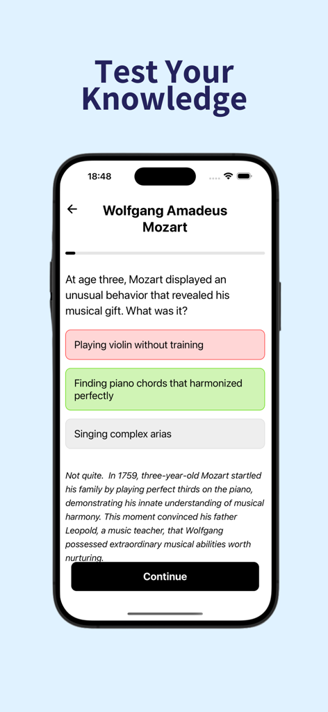 Histou: School of Greatness - An interactive knowledge quiz screen from the Histou app featuring a question about Wolfgang Amadeus Mozart's childhood musical gift