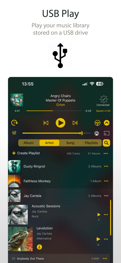 MusicStreamer app interface showing USB play feature and music library tracks