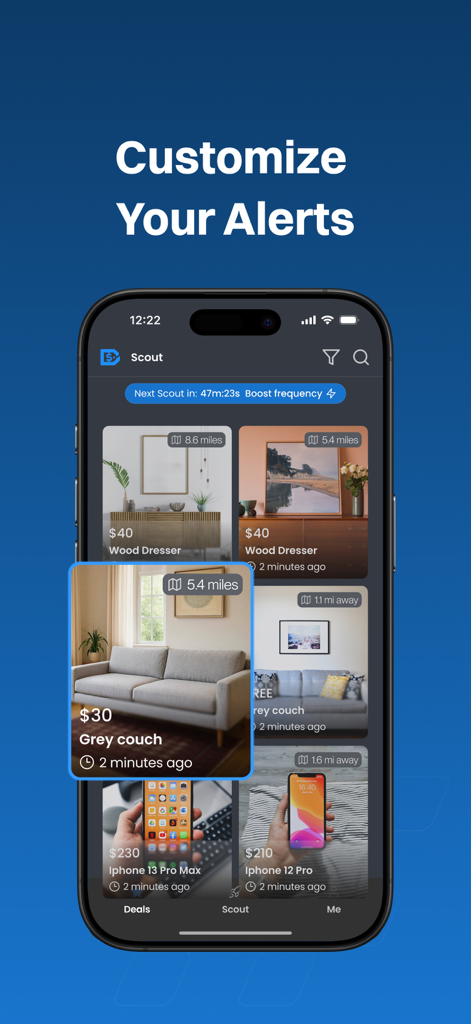 DealScout - Screenshot of DealScout app showing real-time marketplace alerts for furniture and electronics listings.