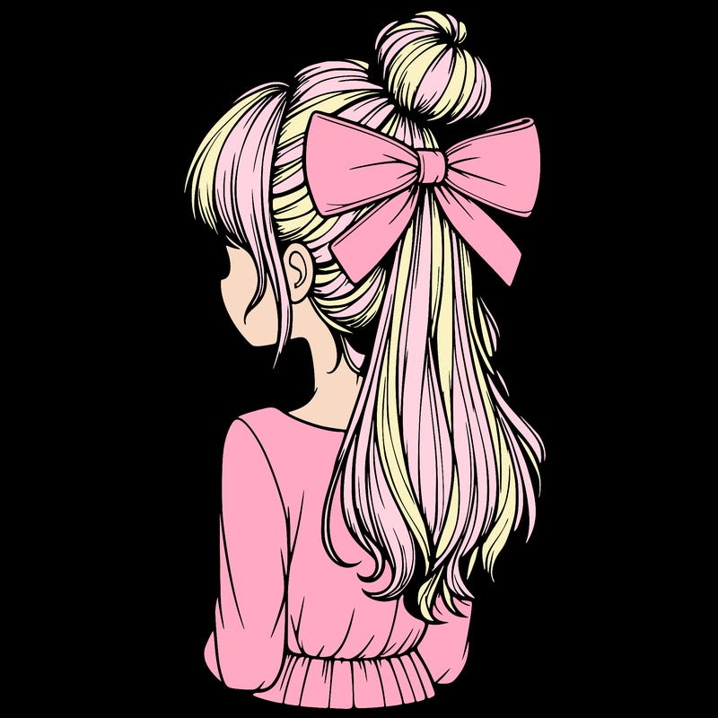 realistic girl  with hip length hair a bun and a big bow on the back of head