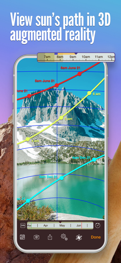Sun Seeker - Sunlight Tracker - Sun Seeker app showing 3D augmented reality sun paths for different seasons over a mountain landscape