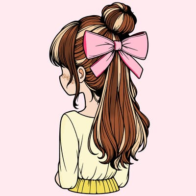 realistic girl  with hip length hair a bun and a big bow on the back of head