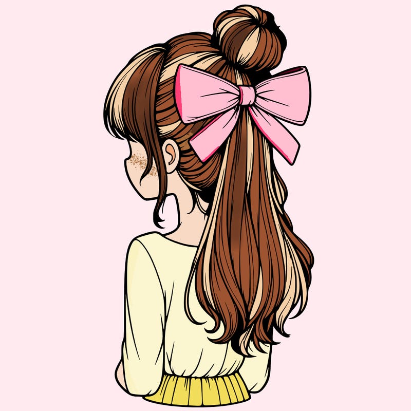 realistic girl  with hip length hair a bun and a big bow on the back of head