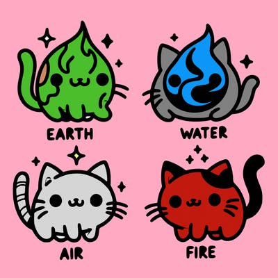 4 cats that represent the different elements, earth, water, air, and fire