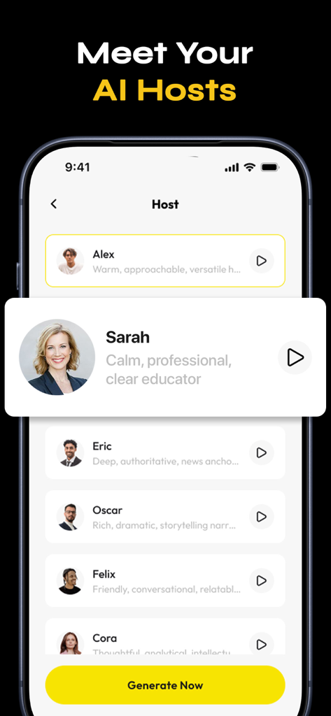 AI Podcast Generator - Podgeno - Mobile app screen showing a selection of AI hosts for podcast generation with different voice styles like professional and educational.