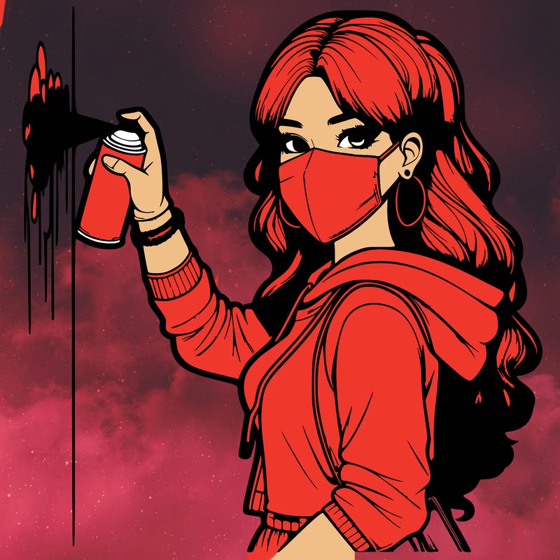 realistic girl with mask spray painting a wall