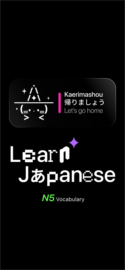 Nekochi | Otaku Dictionary - A splash screen for the Nekochi app showing Learn Japanese N5 Vocabulary with an ASCII cat illustration.