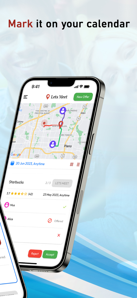 Un teléfono inteligente que muestra la interfaz de la aplicación Lets Meet con un mapa y un recordatorio de evento para marcarlo en el calendario