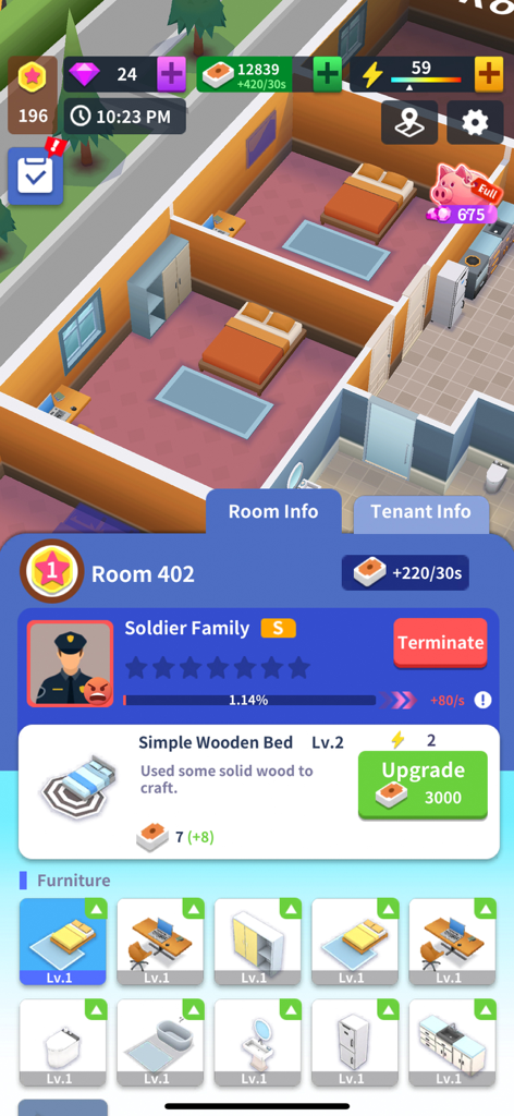 Mobile game interface showing apartment room upgrades and tenant management options for Idle Landlord Sim.