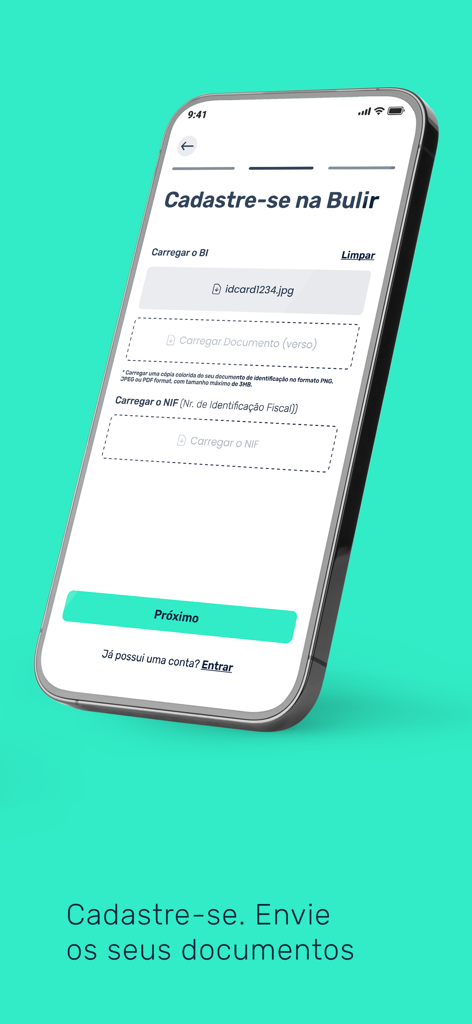 Bulir Prestador - Bulir Prestador app signup page for uploading ID and tax documents
