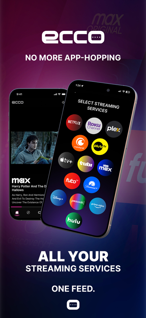 Mobile app interface showing various streaming service icons and a movie discovery feed