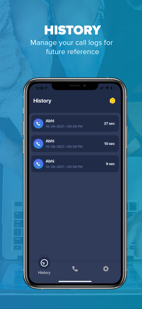 Interface of the RecordCall app showing a history log of recorded phone calls with timestamps and durations.