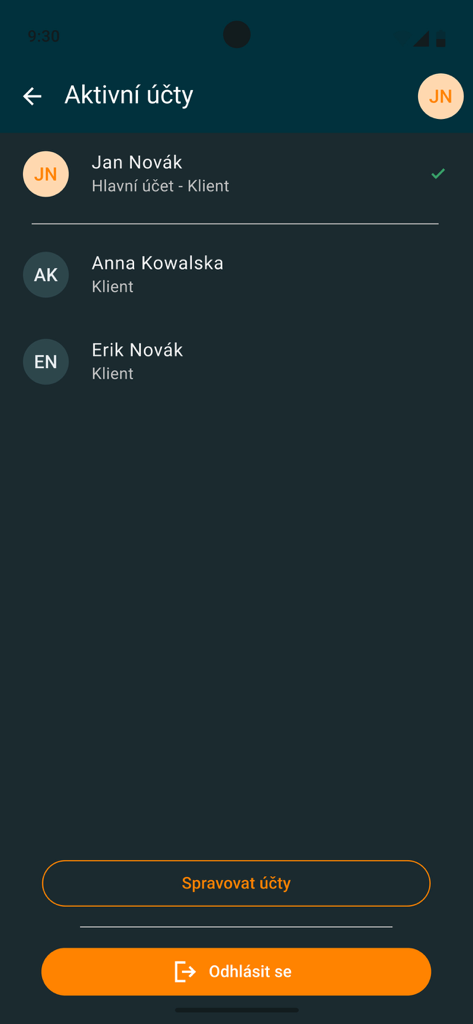 Tela do aplicativo móvel mostrando uma lista de contas de usuários ativas para gerenciamento e seleção de contas