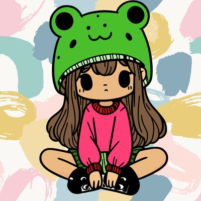 a girl wearing a frog hat and some frog socks