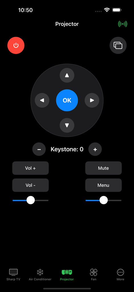 Sharp TV Remote - Mobile app interface showing a projector remote control with navigation wheel, volume buttons, and keystone adjustment.