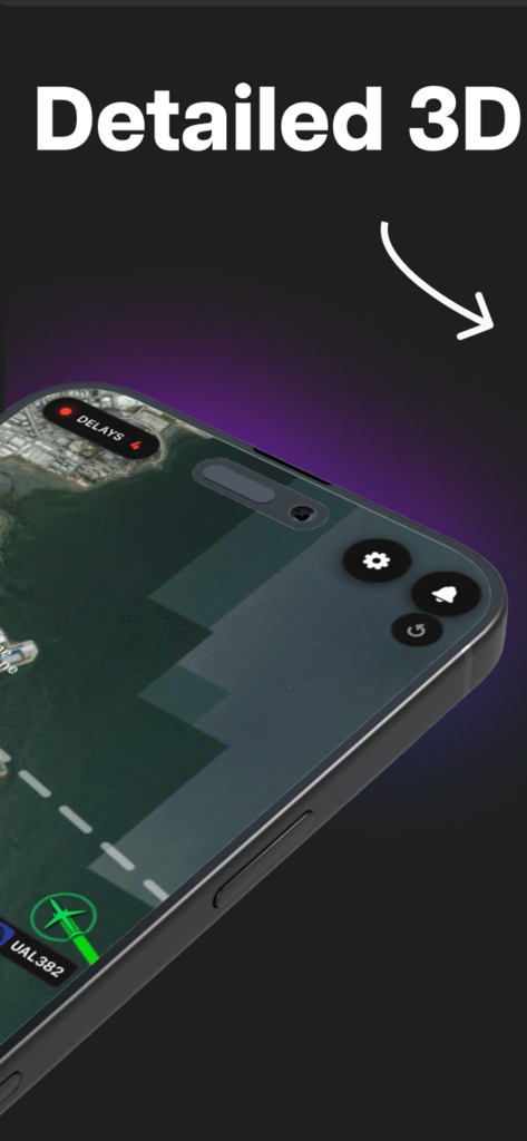 FlightDeck - Flight Tracker - Smartphone screen showing the detailed 3D airport tracking map in the FlightDeck app.