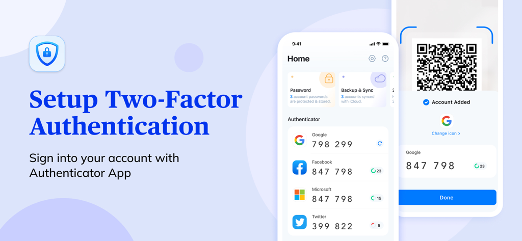 Authenticator © - Interfaz de la aplicación Authenticator que muestra códigos de autenticación de dos factores para Google Facebook y Microsoft con función de escaneo de códigos QR