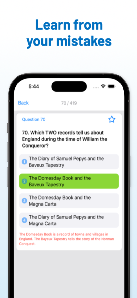Life in UK: Exam 2026 - Life in the UK test app interface showing a history quiz question with correct answer and explanation