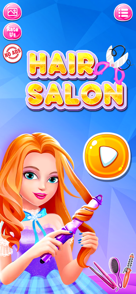 Hair Salon Games: Hair Spa - Tela de título de Jogos de Salão de Beleza Spa Capilar com uma garota estilizando seu cabelo laranja