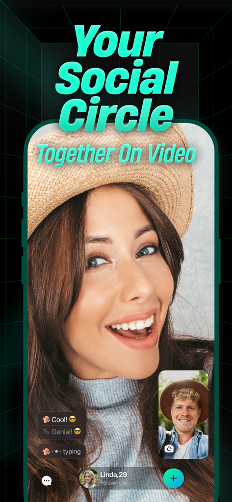 Lowins - Live Video Chat - Interface of the Lowins app showing a live video call between a woman and a man with real-time translation bubbles