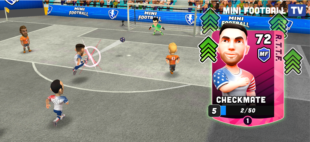 Gameplay de football de style arcade dans Mini Football avec une superposition de carte de joueur