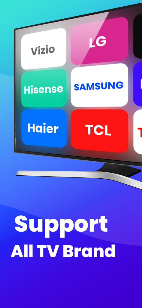 Screen Mirroring Smart View - Interface do aplicativo de controle remoto universal para TV mostrando compatibilidade com marcas como Samsung, LG e TCL