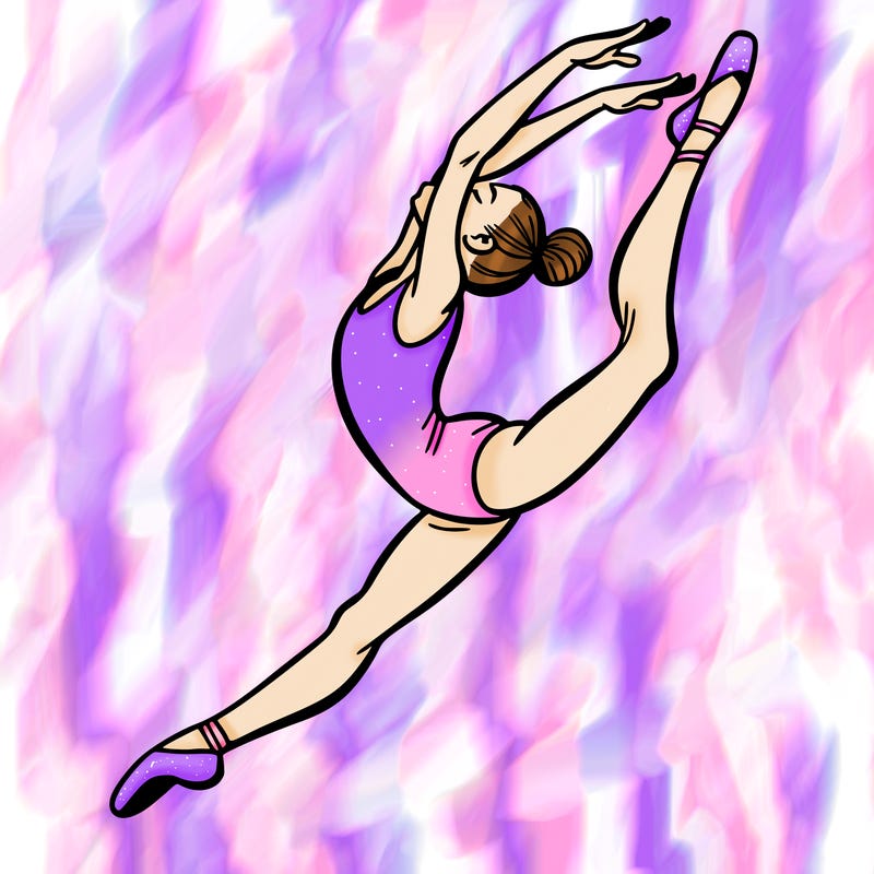 gymnast doing a leap in a leotard with a bent back leg