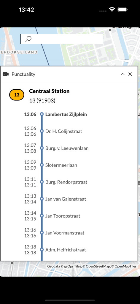 Railway Radar - Train Tracker - A detailed view of a train route in the Railway Radar app showing arrival times and station stops for line 13.