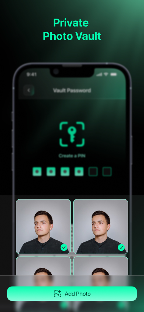 AIClean: Photo Storage Cleaner - AIClean app private photo vault screen with PIN protection and selected photos