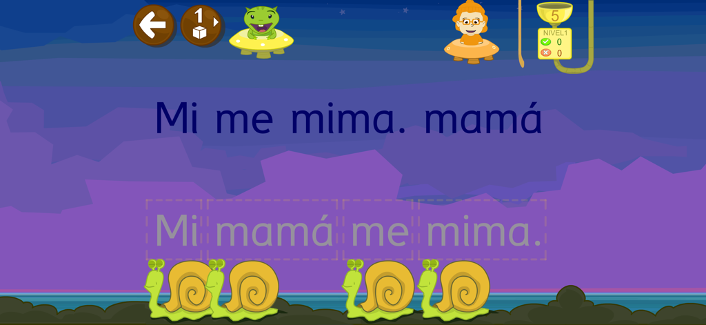 Ein Lernspielbildschirm, auf dem Kinder spanische Wörter mit Schnecken anordnen, um einen Satz in der Leo Con Grin App zu bilden