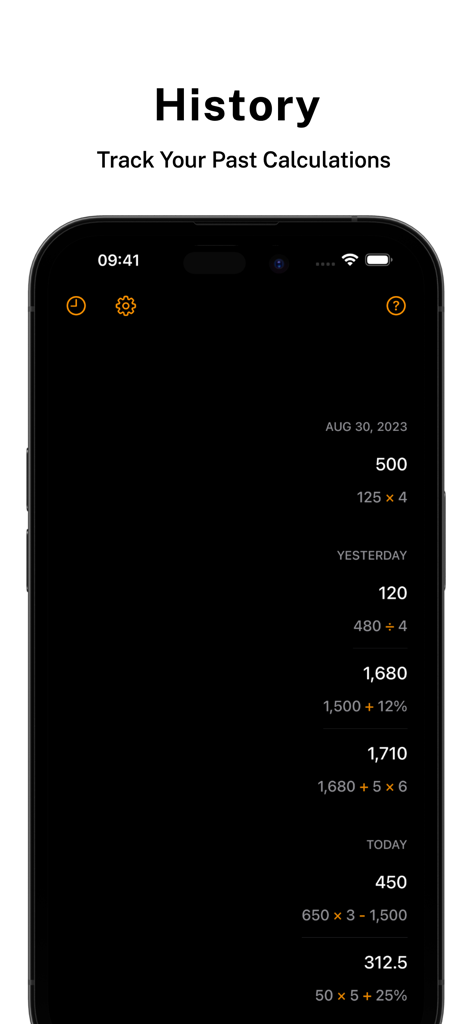 Calculator Widget - Calcullo - Una interfaz móvil de la aplicación Calcullo mostrando un historial cronológico de cálculos pasados agrupados por fecha.