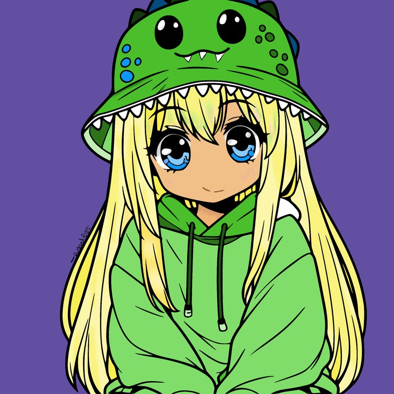 girl with anime shaped eyes with a dinosaur bucket hat oversized sweatshirt long straight hair