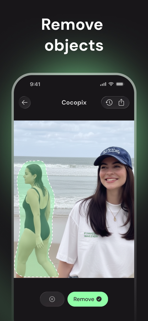 Edit Photos with AI - Cocopix - A screenshot of the Cocopix app showing the AI feature to select and remove an unwanted person from a beach photo.
