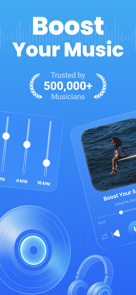 Bass & Volume Booster - BassUp - BassUp mobile app interface featuring volume boosting and audio equalizer controls