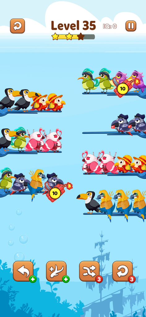 Bird Sort 2 Color Puzzle Game - Bird Sort 2 puzzle gameplay showing colorful birds on branches with an underwater theme
