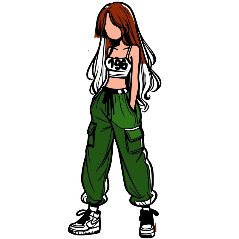 girl in baggy pants crop top and long hair