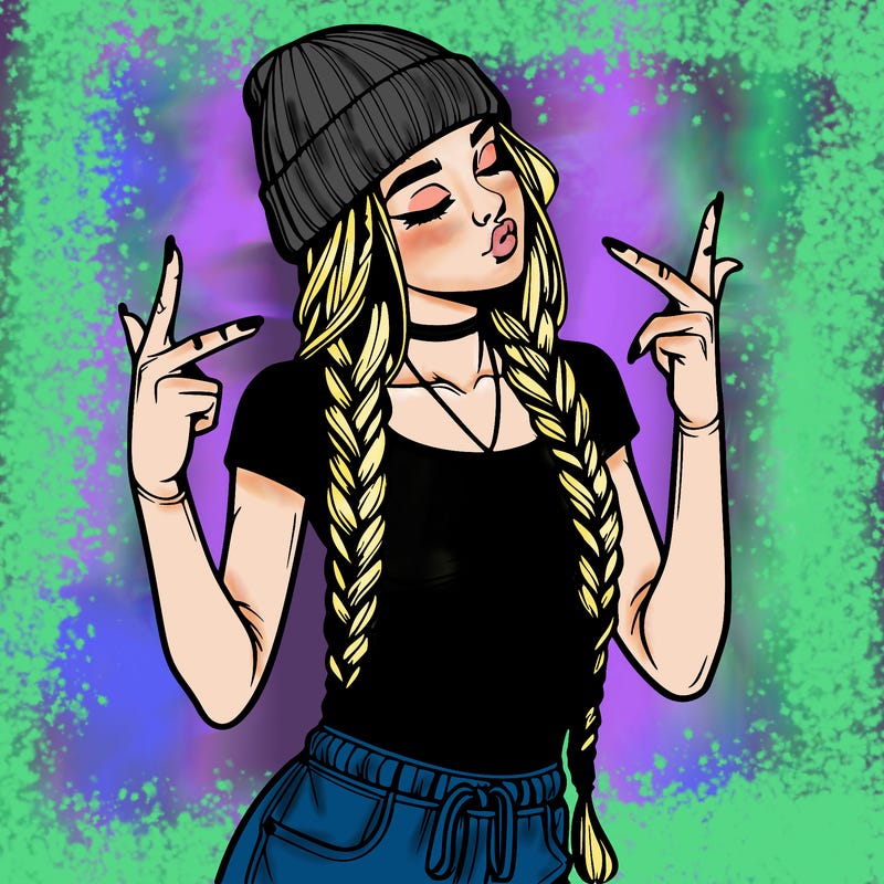 realistic teenage girl with braids and a beanie and crop top doing 🫶🏼