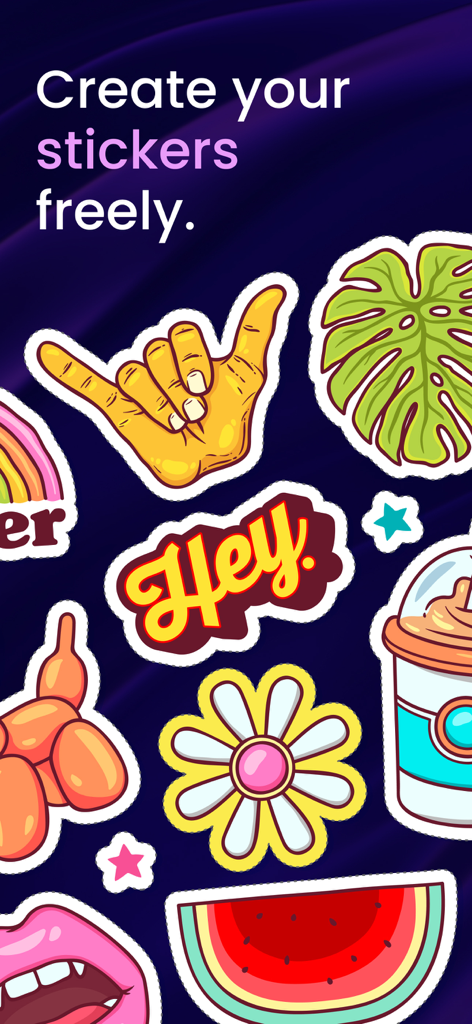 AI Sticker: Face Emoji Maker - A variety of colorful digital stickers including a shaka hand, palm leaf, flower, and watermelon slice on a dark background.
