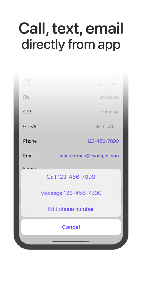OB Tracker & Pregnancy Wheel - Interface of the OB Tracker app showing options to call text or email a patient directly from their clinical profile