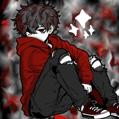 a male hoddie ripped jeans messy hair anime